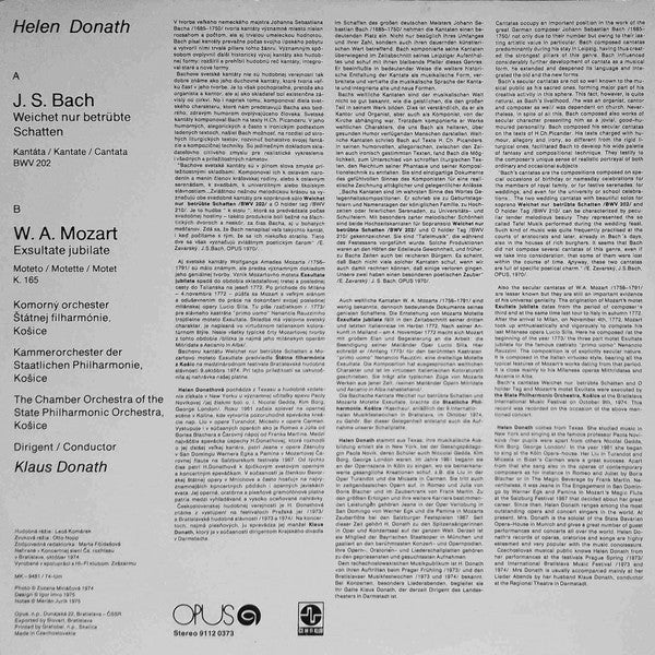 Johann Sebastian Bach / Wolfgang Amadeus Mozart, Helen Donath, Klaus Donath, Slovak State Philharmonic Orchestra, Košice : Weichet Nur Betrübte Schatten / Exsultate Jubilate (LP)