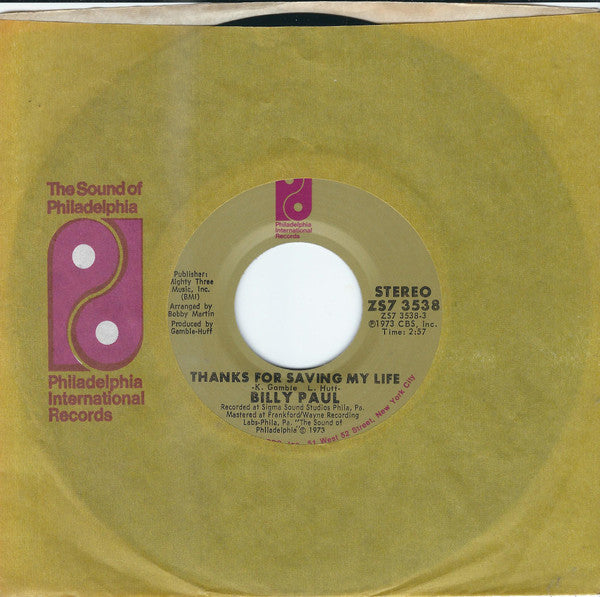 Billy Paul : Thanks For Saving My Life (7", Single, San)