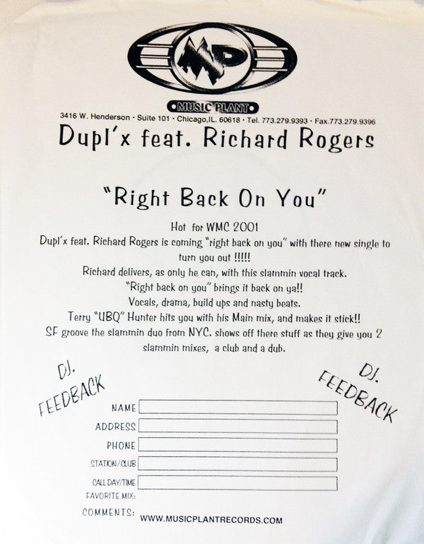 Duplex (9) : Right Back On You (12", W/Lbl)