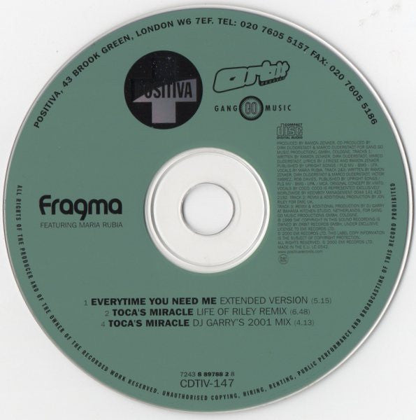 Fragma Featuring Maria Rubia : Everytime You Need Me (CD, Single, Ltd, CD2)