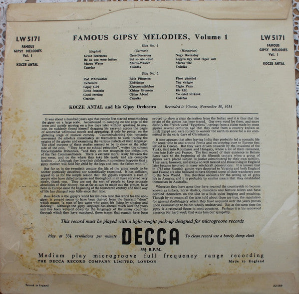 Antal Kóczé And His Kóczé Veres Antal És Zenekara : Famous Gypsy Melodies, Vol. 1 (10", Mono, RP)