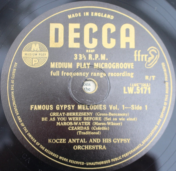 Antal Kóczé And His Kóczé Veres Antal És Zenekara : Famous Gypsy Melodies, Vol. 1 (10", Mono, RP)