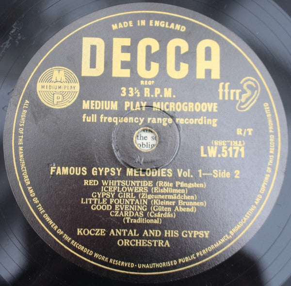 Antal Kóczé And His Kóczé Veres Antal És Zenekara : Famous Gypsy Melodies, Vol. 1 (10", Mono, RP)