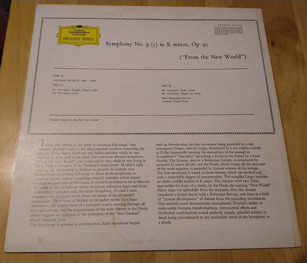 Antonín Dvořák, Berliner Philharmoniker , Conducted By Ferenc Fricsay : Symphony No. 9 (5) In E Minor, Op. 95 (From The New World) (LP)