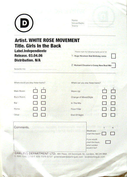 White Rose Movement : Girls In The Back (12", W/Lbl, Sti)