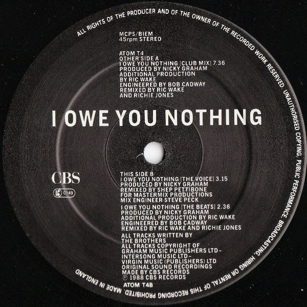 Bros : I Owe You Nothing (12", Single)