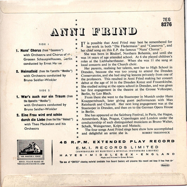 Anni Frind : Nuns' Chorus "Casanova" And Other Operette And Film Melodies (7", EP, Bla)