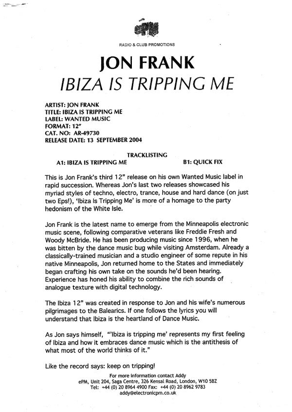 Jon Frank : Ibiza Is Tripping Me (12")