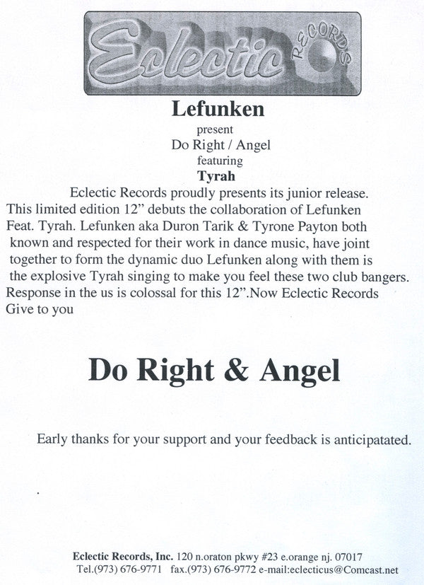 Lefunken Featuring Tyrah : Do Right / Angel (12", W/Lbl, Sti)