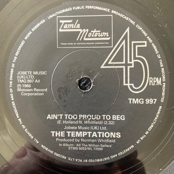 The Temptations : Ain't Too Proud To Beg / Ball Of Confusion (That's What The World Is Today) (7", Bud)