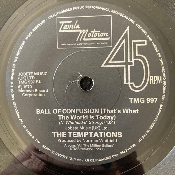 The Temptations : Ain't Too Proud To Beg / Ball Of Confusion (That's What The World Is Today) (7", Bud)