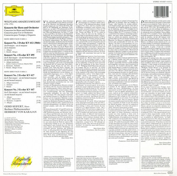 Wolfgang Amadeus Mozart : 4 Horn Concertos - Konzerte Für Horn Und Orchester (LP, RE, RM)