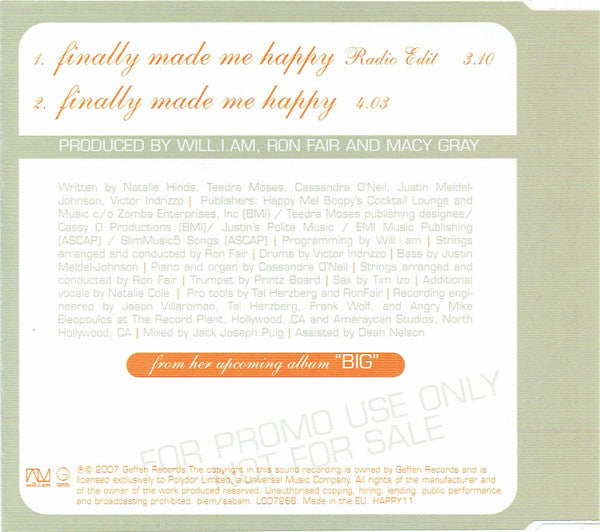 Macy Gray Featuring Natalie Cole : Finally Made Me Happy (CD, Single, Promo)