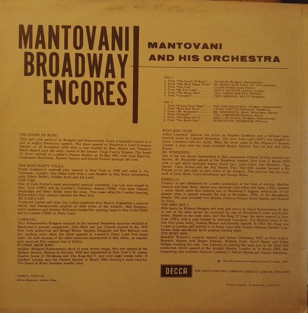 Mantovani : Mantovani Broadway Encores (LP, Album)