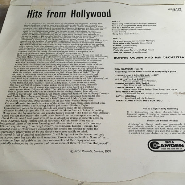 Ronnie Ogden And His Orchestra : Hits From Hollywood (LP, Album, Mono)
