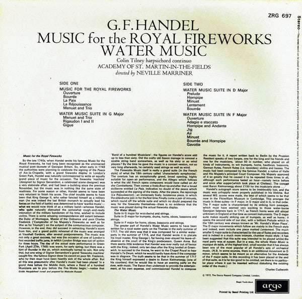 Georg Friedrich Händel, The Academy Of St. Martin-in-the-Fields, Sir Neville Marriner : Music For The Royal Fireworks / Water Music (LP, RE)