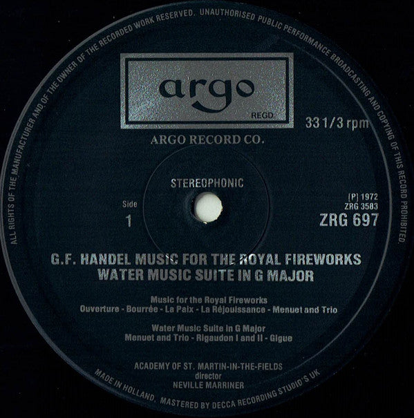 Georg Friedrich Händel, The Academy Of St. Martin-in-the-Fields, Sir Neville Marriner : Music For The Royal Fireworks / Water Music (LP, RE)