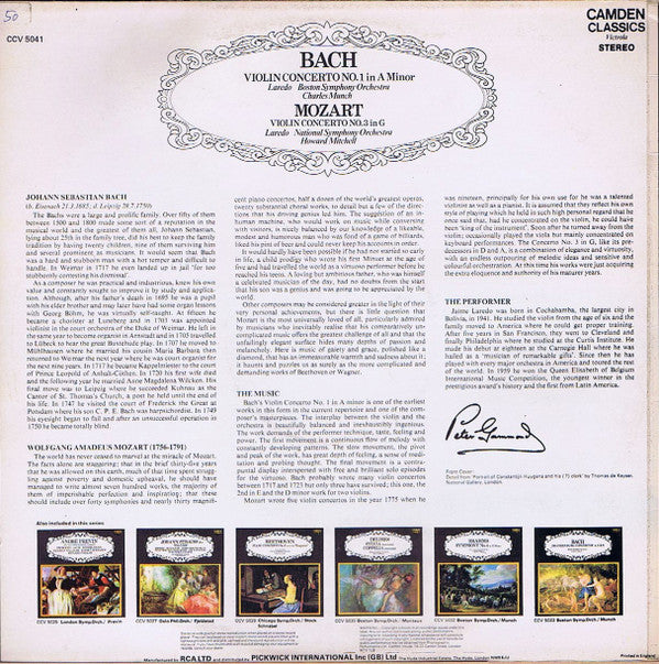 Johann Sebastian Bach, Wolfgang Amadeus Mozart - Jaime Laredo, Boston Symphony Orchestra, Charles Munch, National Symphony Orchestra, Howard Mitchell : Violin Concerto No.1 In A Minor / Violin Concerto No.3 In G (LP)