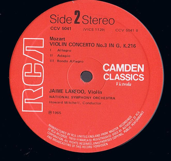 Johann Sebastian Bach, Wolfgang Amadeus Mozart - Jaime Laredo, Boston Symphony Orchestra, Charles Munch, National Symphony Orchestra, Howard Mitchell : Violin Concerto No.1 In A Minor / Violin Concerto No.3 In G (LP)