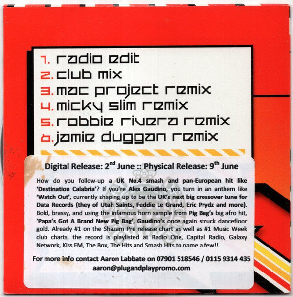 Alex Gaudino Feat. Shena : Watch Out (CD, Single, Promo)