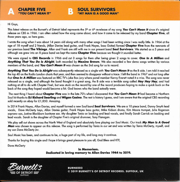 Chapter 5 / Soul Survivors (7) : You Can't Mean It / My Man is A Good Man (7", Single)