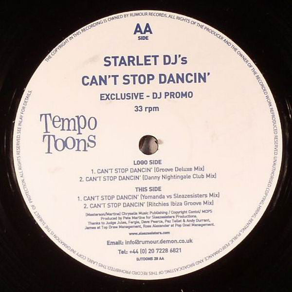 Starlet DJs : Can't Stop Dancin' (12", Promo)
