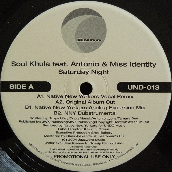 Soul Khula Feat. Antonio* & Miss Identity : Saturday Night (12", Promo)