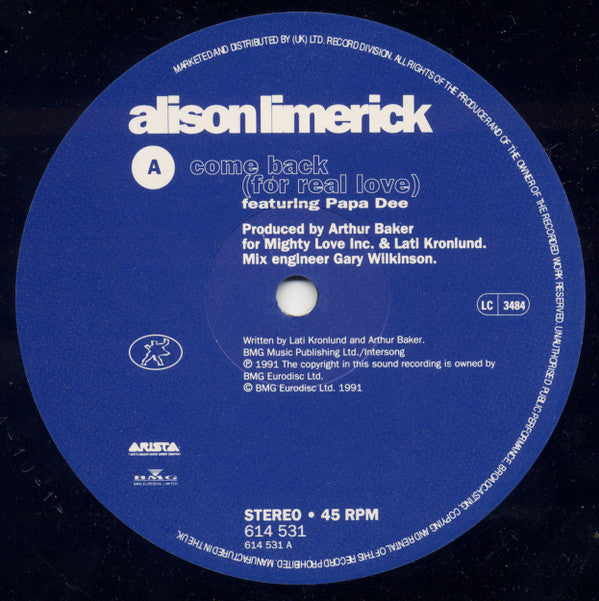 Alison Limerick : Come Back (For Real Love) (The Remix) (12")