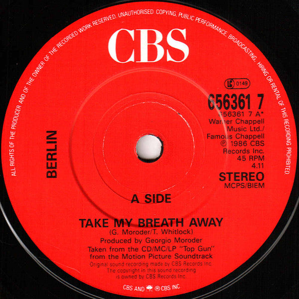 Berlin / Kenny Loggins : Take My Breath Away (Love Theme From "Top Gun") / Danger Zone (7", Single, RE)
