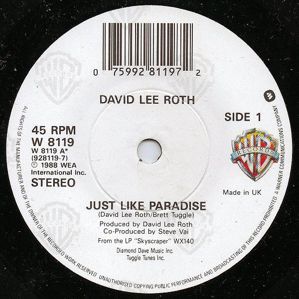 David Lee Roth : Just Like Paradise (7", Single)
