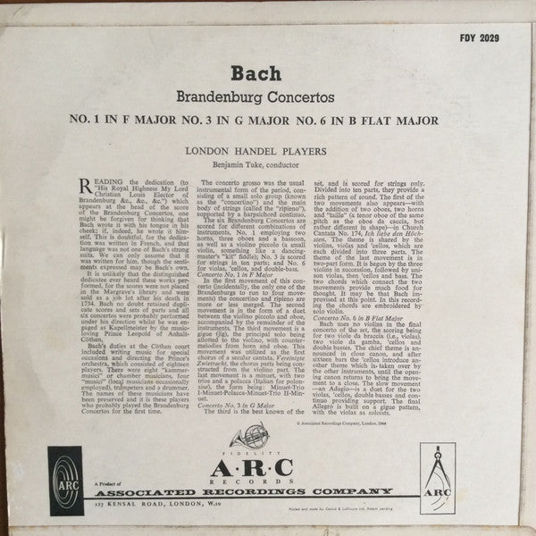 Johann Sebastian Bach — The London Handel Players / Benjamin Tuke : Brandenburgische Concertos No.1 In F Major - No. 3 In G Major - No.6 In B Flat Major (LP, Album)