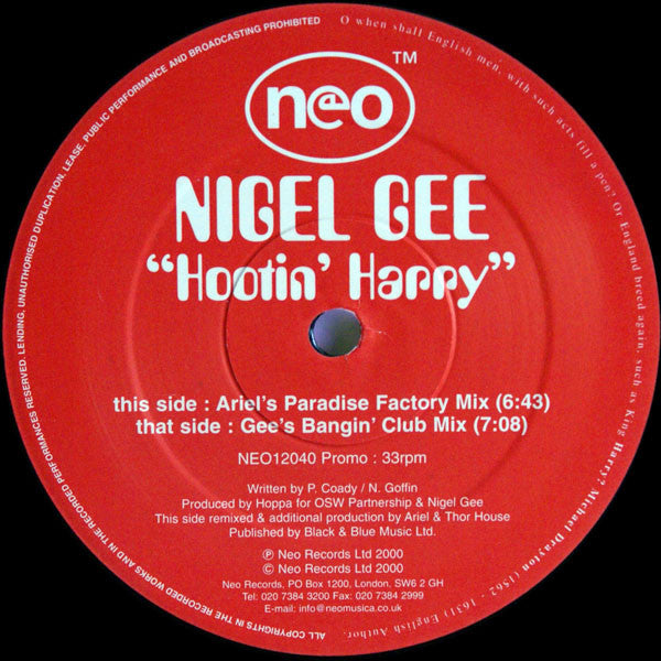 Nigel Gee : Hootin' Harry (12", Promo)