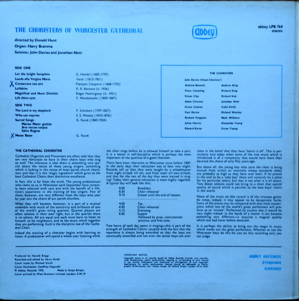 Choir Of Worcester Cathedral Directed By Donald Hunt : Worcester Cathedral Choristers (LP, Album)