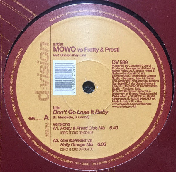 Mowo vs Marco Fratty & Corrado Presti feat. Sharon May Linn : Don't Go Lose It Baby (12")