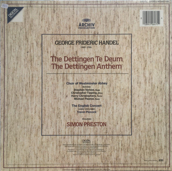 Georg Friedrich Händel - The Choir Of Westminster Abbey, The English Concert • Trevor Pinnock, Simon Preston : Dettingen Te Deum / Dettingen Anthem (LP, Gat)