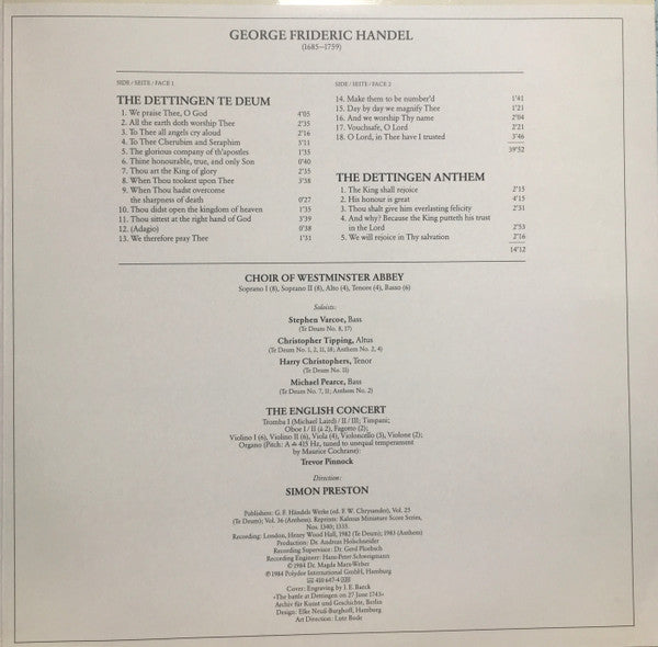 Georg Friedrich Händel - The Choir Of Westminster Abbey, The English Concert • Trevor Pinnock, Simon Preston : Dettingen Te Deum / Dettingen Anthem (LP, Gat)