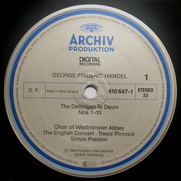 Georg Friedrich Händel - The Choir Of Westminster Abbey, The English Concert • Trevor Pinnock, Simon Preston : Dettingen Te Deum / Dettingen Anthem (LP, Gat)