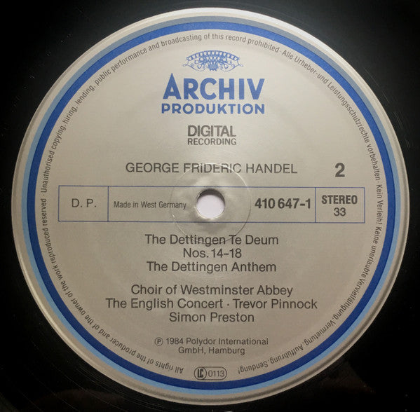 Georg Friedrich Händel - The Choir Of Westminster Abbey, The English Concert • Trevor Pinnock, Simon Preston : Dettingen Te Deum / Dettingen Anthem (LP, Gat)