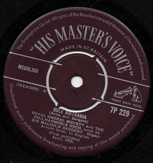 Sir Malcolm Sargent, Philharmonia Orchestra, The Royal Choral Society : Jerusalem / Rule Britannia (7", Bro)