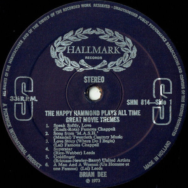 Brian Dee : The Happy Hammond Plays All Time Great Movie Themes (LP, Album, Dut)
