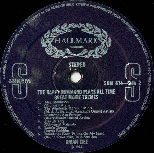 Brian Dee : The Happy Hammond Plays All Time Great Movie Themes (LP, Album, Dut)