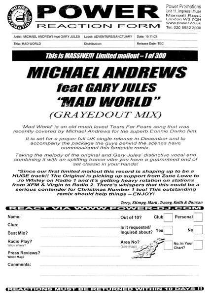 Michael Andrews Featuring Gary Jules : Mad World (12", Promo, W/Lbl)