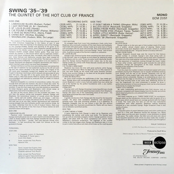 Quintette Du Hot Club De France : Swing '35-'39 (LP, Mono, RE)