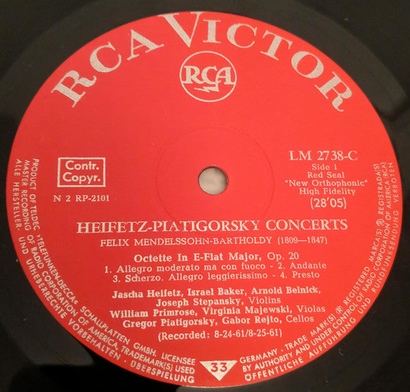 Jascha Heifetz, Gregor Piatigorsky, William Primrose, Wolfgang Amadeus Mozart, Felix Mendelssohn-Bartholdy : The Heifetz-Piatigorsky Concerts with Primrose and Guests (LP, Mono)
