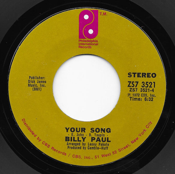 Billy Paul : Me And Mrs. Jones / Your Song (7", Single, Styrene)