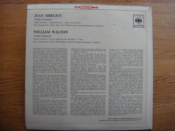 Jean Sibelius / Sir William Walton - Zino Francescatti, New York Philharmonic, Leonard Bernstein / The Philadelphia Orchestra, Eugene Ormandy : Violin Concertos (LP)