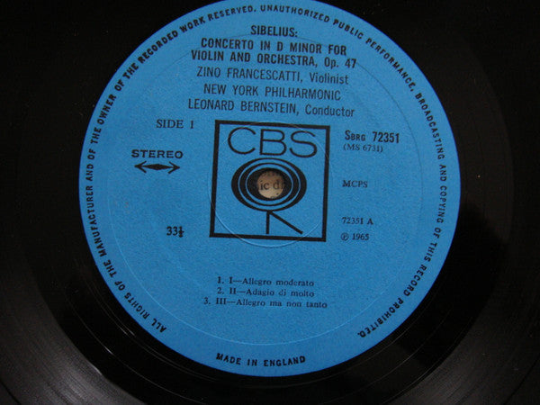 Jean Sibelius / Sir William Walton - Zino Francescatti, New York Philharmonic, Leonard Bernstein / The Philadelphia Orchestra, Eugene Ormandy : Violin Concertos (LP)
