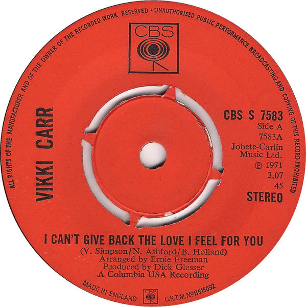 Vikki Carr : I Can't Give Back The Love I Feel For You (7", Single, 4-p)