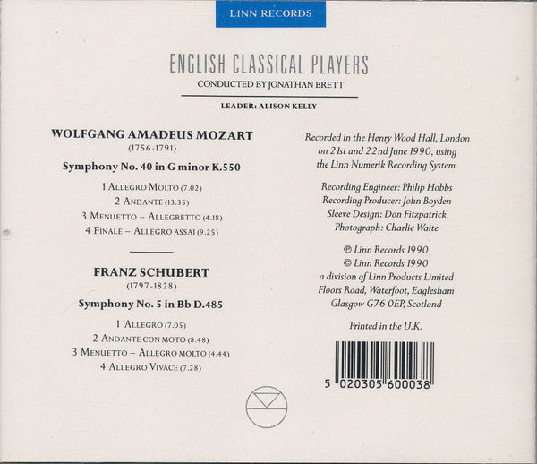 English Classical Players Conducted By Jonathan Brett / Wolfgang Amadeus Mozart / Franz Schubert : Symphony No. 40 / Symphony No. 5 (CD, RE)