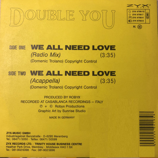 Double You : We All Need Love (7", Single)